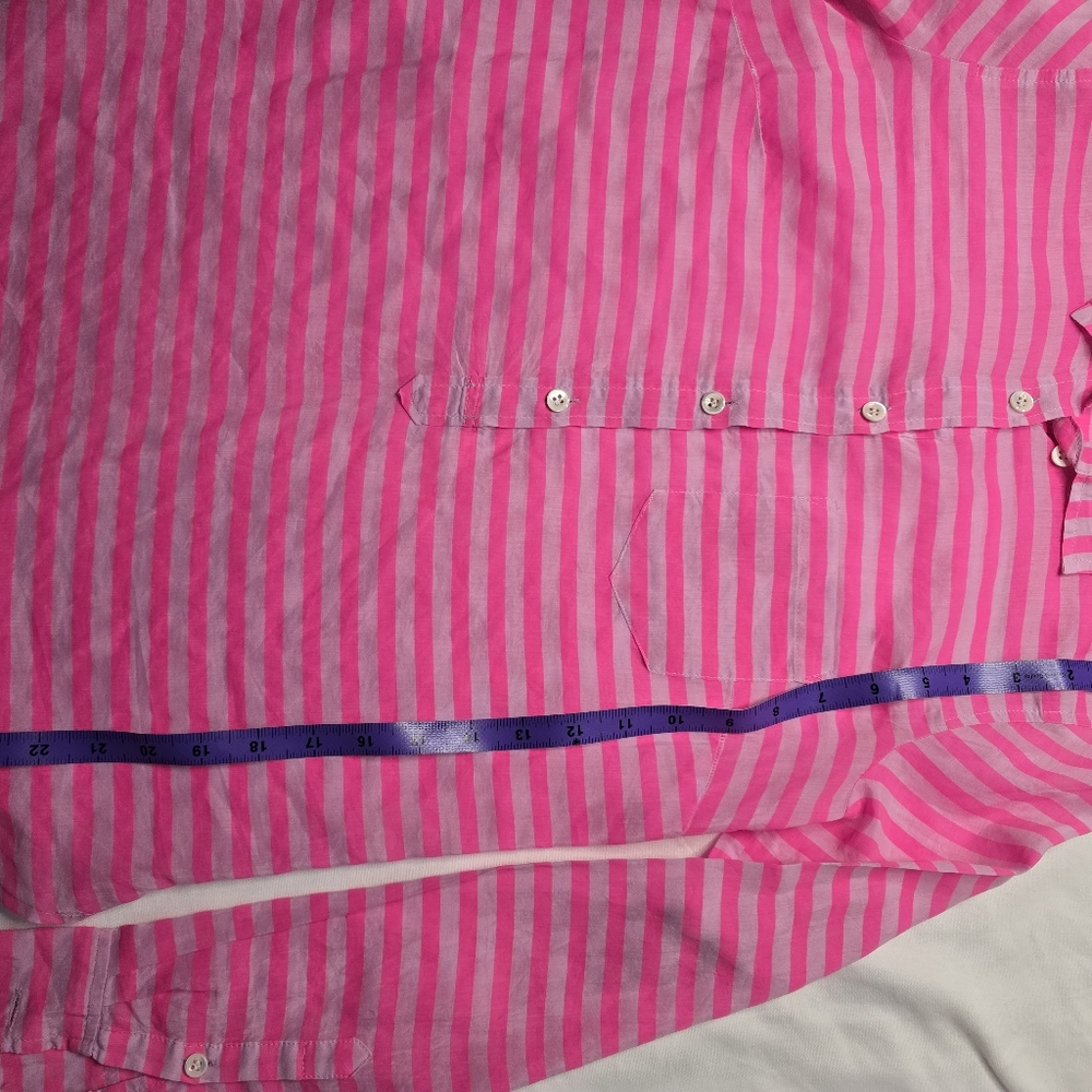 J CREW Hot Pink Stripe Cotton Silk 1/2 Button Popover Shirt sz 2 - Picture 2 of 6